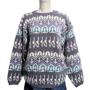 Vintage Purple Patterned Sweater Purple Gray Knit Sweater Thick Knit Sweater